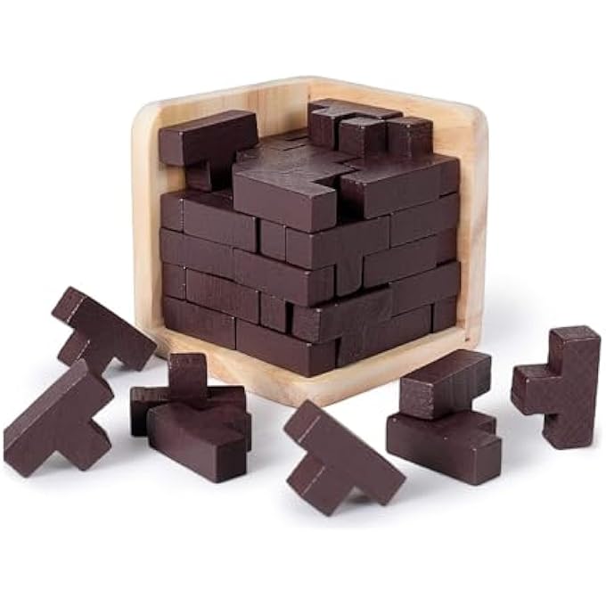 3D WOODEN CUBE, BRAIN TEASER PUZZLE, T-SHAPED JIGSAW PUZZLE TOY, EDUCATIONAL PUZZLE TOY FOR KIDS AND ADULTS, LOGIC AND PROBLEM-SOLVING GAME, FUN AND LEARNING GIFT FOR KIDS AND ADULTS | BROWN - Image 1